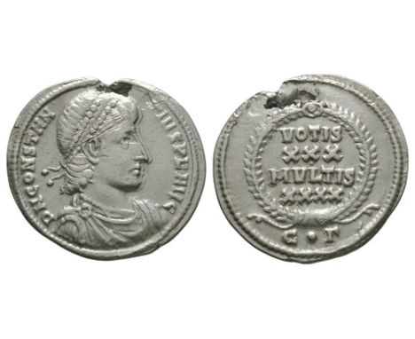 351-355 AD. Constantinople mint. Obv: DN CONSTAN-TIVS PF AVG legend with pearl-diademed, draped, cuirassed bust right. Rev: V