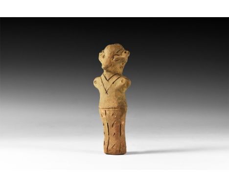 Neolithic, 5th-4th millennium BC.   A ceramic figurine of a standing female with prominent nose and hair, stub arms extended,