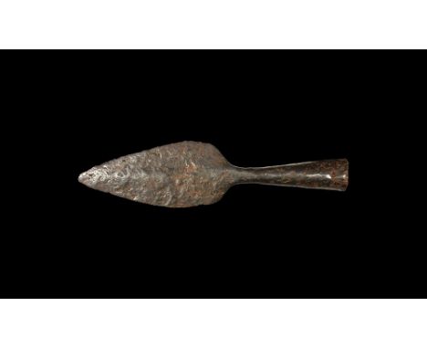 1st-2nd century AD.An iron spearhead with heart-shaped blade, short neck, tapering tubular socket. Cf. Allason-Jones, L. & Mi
