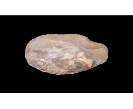 Upper Palaeolithic, 50000-10000 years BP.   A knapped handaxe in grey flint, lentoid in section and with a curved edge. Cf. E