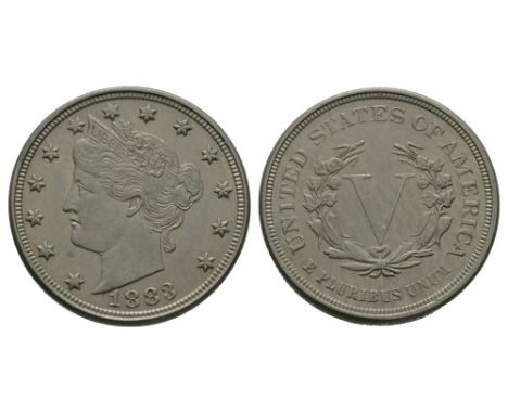 Dated 1883 AD. First type. Obv: bust of Liberty with date below and stars around. Rev: large V within wreath with UNITED STAT