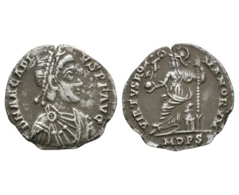 395-423 AD. Milan mint. Obv: DN ARCADI-VS PF AVG legend with pearl-diademed, draped, cuirassed bust right. Rev: VIRTVS RO-MAN