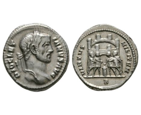 295-297 AD. Rome mint. Obv: DIOCLETIANVS AVG legend with laureate head right. VIRTVS-MILITVM legend with two emperors and two
