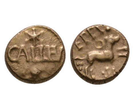 75 BC- 25 AD. Obv: CALLEV across centre with star above and below. Rev: dog right with EPPI and annulet above and pellet dais