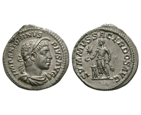 221-222 AD. Rome mint. Obv: IMP ANTONINVS PIVS AVG legend with laureate, horned and draped bust right. Rev: SVMMVS SACERDOS A