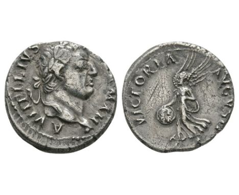 69 AD. Lyons mint, Obv: A VITELLIVS IMP GERMAN legend with laureate head right, globe at point. Rev: VICTORIA AVGVSTI legend 