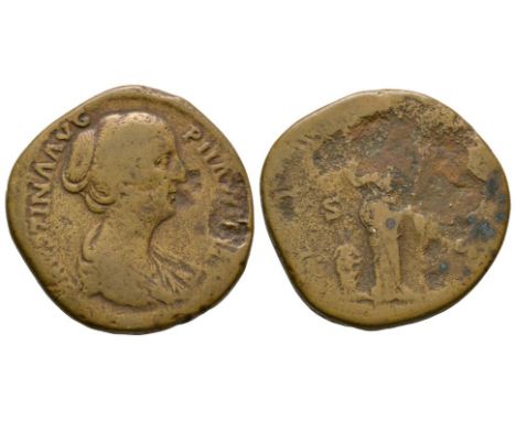 154-156 AD. Rome mint. Obv: FAVSTINAE AVG PII AVG FIL legend with draped bust right. Rev: PIETAS AVG legend with S-C to field