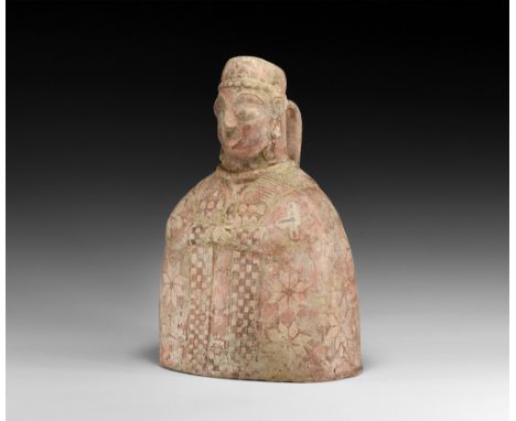 18th-19th century AD.A ceramic vessel with flat base, D-shaped body with folded arms, raised collar, head with low hat, sharp