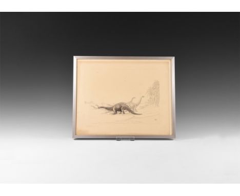 Dated 1931.   An ink sketch of a group of Cetiosaurus dinosaurs advancing across a beach with trees, in a glazed metal frame.