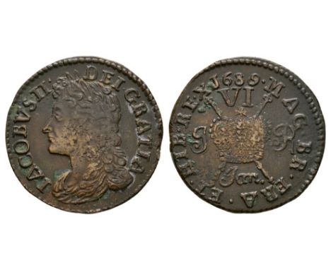Dated January 1689 AD. Obv: profile bust with IACOBVS II DEI GRATIA legend. Rev: crown over crossed sceptres with I - R at si
