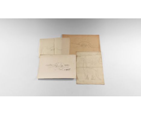 Circa 1930.   A group of sketches for a brachiosaurus model and a line drawing of the animal in a landscape, including finish