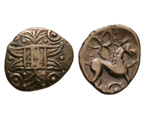50 BC-5 AD. Obv: latticed square on two opposed crescents, projecting branch above and below with pellet and pellet-in-ring e