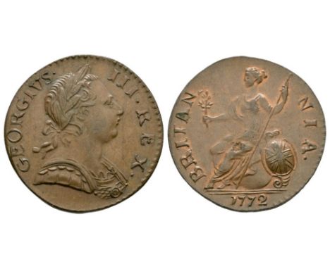 Dated 1772 AD. First issue. Obv: profile bust with GEORGIVS III REX legend. Rev: Britannia with incuse hair curl and BRITANNI