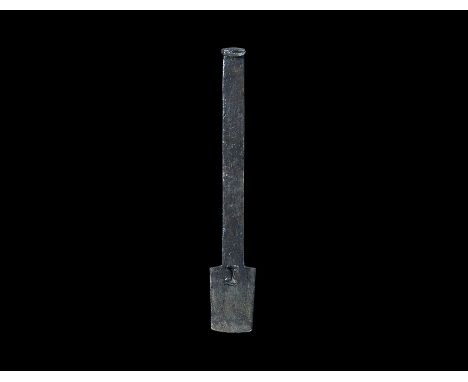17th century AD.An iron tool comprising a flat-section shank with T-shaped head and rectangular blade; the head splayed for s