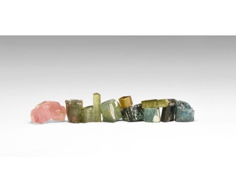 A group of ten tourmaline specimens comprising the main tourmaline colours: green, blue, and red, in old white card tray. See