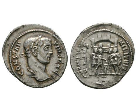 295-297 AD. Rome mint. Obv: CONSTANTIVS CAES legend with laureate head right. Obv: VIRTVS-MILITVM legend with the four tetrar