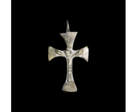 14th-15th century AD.A bronze Latin cross with expanding arms to the ends, to the middle figure of crucified Christ; suspensi