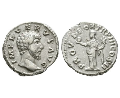 162 AD. Rome mint. Obv: IMP L VERVS AVG legend with bare head right. Rev: PROV DEOR TR P III COS II legend with Providentia s