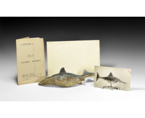 Circa 1930.   A painted plaster model of Ichthyosaurus with blue upper body and grey lower, socket for mounting peg to the un