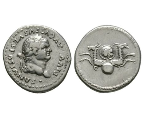 80 AD. Rome mint. Obv: DIVVS AVGVSTVS VESPASIANVS legend with laureate bust right. Rev: shield inscribed SC supported by two 