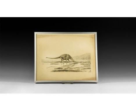 Dated 1931.   An ink sketch of a Diplodocus advancing across a marshy terrain, in a glazed metal frame. 484 grams, frame: 31 