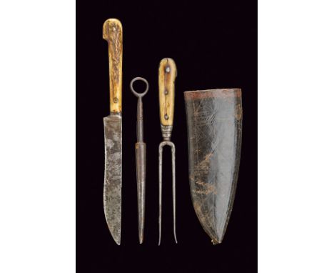 A trousse dating: last quarter of the 18th Century provenance: Germany Knife and fork with horn grip scales, iron needle with