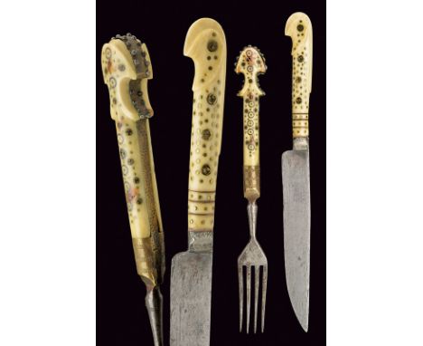 Knife and fork dating: first quarter of the 20th Century provenance: Balkans Brass and bone grips, richly inlaid with circles