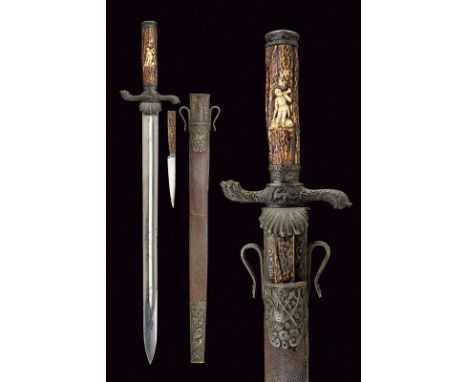 A beautiful hunting hanger dating: mid-19th Century provenance: Germany Straight, single-and false-edged blade with wide full