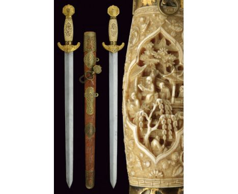 A fine double sword (Jian) dating: circa 1900 provenance: China Straight, double-edged blade of lozenge section; gilt-brass h