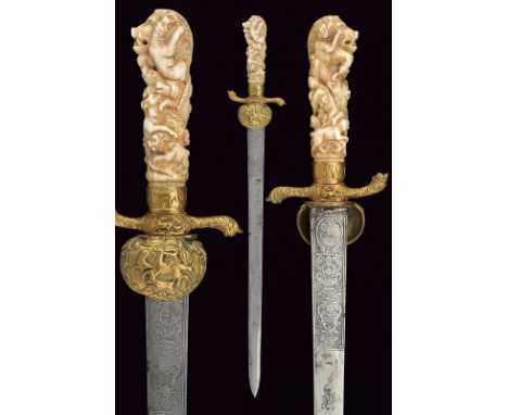 A fine composite hunting hanger dating: late 18th Century provenance: Germany Straight, single-and false-edged blade, engrave