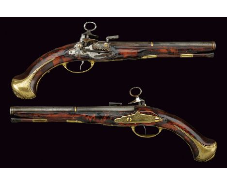 A rare officers pair of flintlock pistols dating: late 18th Century provenance: Naples Smooth, two-stage, 13.5 mm cal. barrel