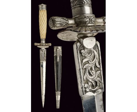 A fine silver mounted dagger dating: 19th Century provenance: Italy Straight, double-edged blade of lozenge section; tang eng