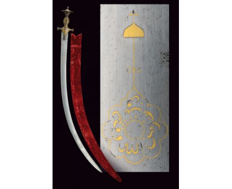 A tulvar with interesting blade dating: circa 1800 provenance: India Moghul Flat, curved, damask, single-edged blade, marked 