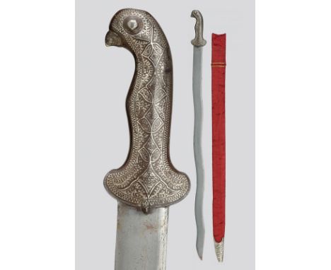 A ceremonial sabre dating: circa 1900 provenance: India Slightly curved, undulated, non-sharp, double-edged blade; iron grip 