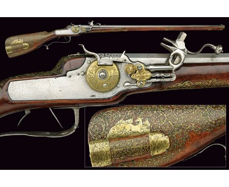 A beautiful wheel lock rifle by Keiner dating: last quarter of the 17th Century provenance: Boemia Elegant, rifled, octagonal