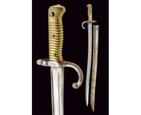 A yatagan bayonet dating: third quarter of the 19th Century provenance: France Curved blade, marked "M.re Imp.le de Mutzig Ao