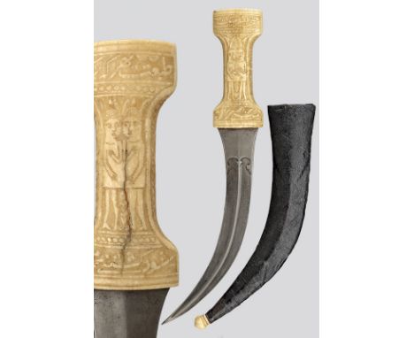 A kandshar (dagger) dating: early 19th Century provenance: Persia Curved, double-edged blade made of fine, wootz damask; with