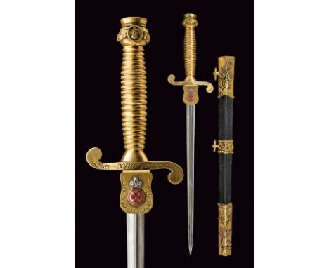 A bravery dagger dating: Second part of the 20th Century provenance: Russia Straight blade of cross-section; gilt, brass hilt