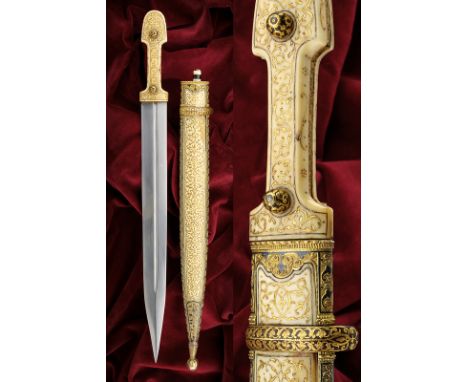 A beautuful kindjal dating: last quarter of the 19th Century provenance: Caucasia Straight, double-edged blade with deep, asy