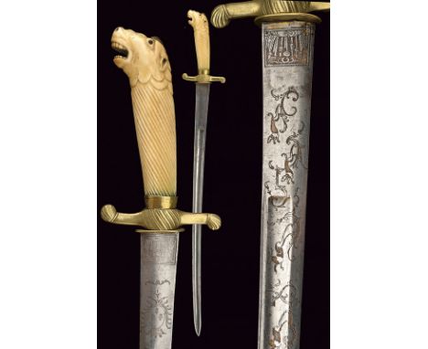 A fine hunting hanger dating: late 18th Century provenance: France Slightly-curved, single-and false-edged blade with fuller 