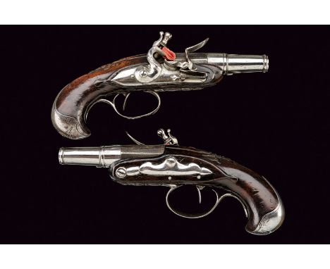 A pair of flintlock pocket pistols signed F. Antoine dating: 18th Century provenance: France Smooth, two-stage, 9 mm cal. bar