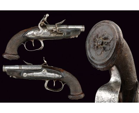 A pair of pocket flintlock pistols dating: circa 1800 provenance: France Smooth, two-stage, round, 9 mm cal. barrels; the fir