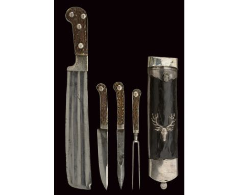 A rare silver mounted Waidpraxe con cutlery set dating: 18th Century provenance: Bavaria Straight, single-edged blade with ob