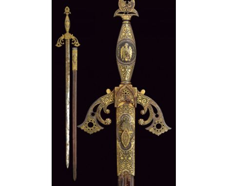 A Tizona, El Cid style sword dating: circa 1900 provenance: Spain Thin and flexible, double-edged blade; engraved and gilt wi