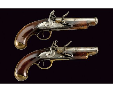 A rare pair of flintlock pistols dating: first quarter of the 19th Century provenance: Italy Smooth, round, 18 mm cal. barrel