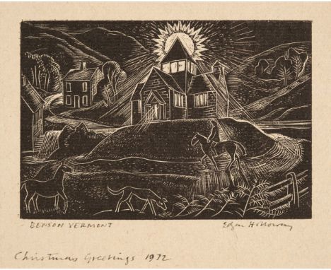 * Holloway (Edgar, 1914-2008). Benson Vermont, Christmas Greetings 1972, wood engraving on cream laid paper, signed, titled a