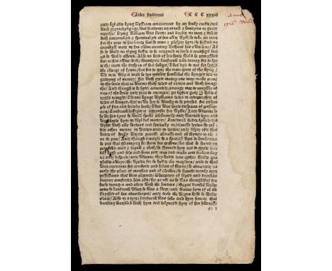 * Caxton (William, printer). A single leaf from the Polycronicon of Ranulphus Higden, Liber Septimus, [Westminster: William C