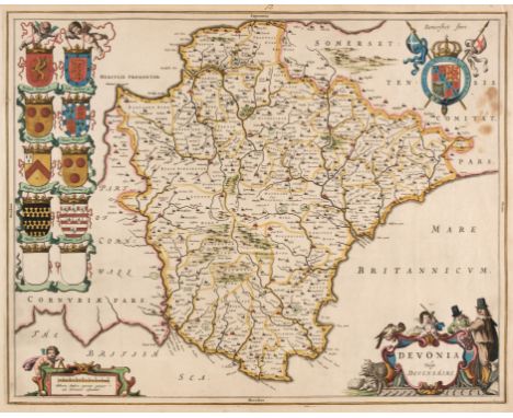 Devon. Blaeu (Johannes), Devonia vulgo Devonshire. [Amsterdam] circa 1646, hand-coloured engraved map, crests, armorials, dec