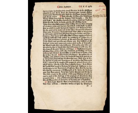 * Caxton (William, printer). A single leaf from the Polycronicon of Ranulphus Higden, Liber Septimus, [Westminster: William C