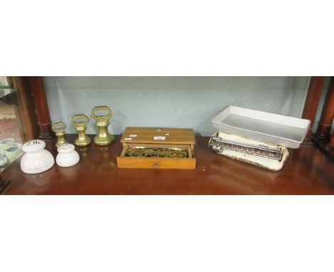 Vintage brass scales in wooden box, with brass and enamel weights, plus enamel kitchen scales 